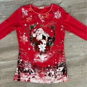 VTG Festive Santa Christmas Long Sleeve Shirt Hippie Boho Magical Red Size XS S